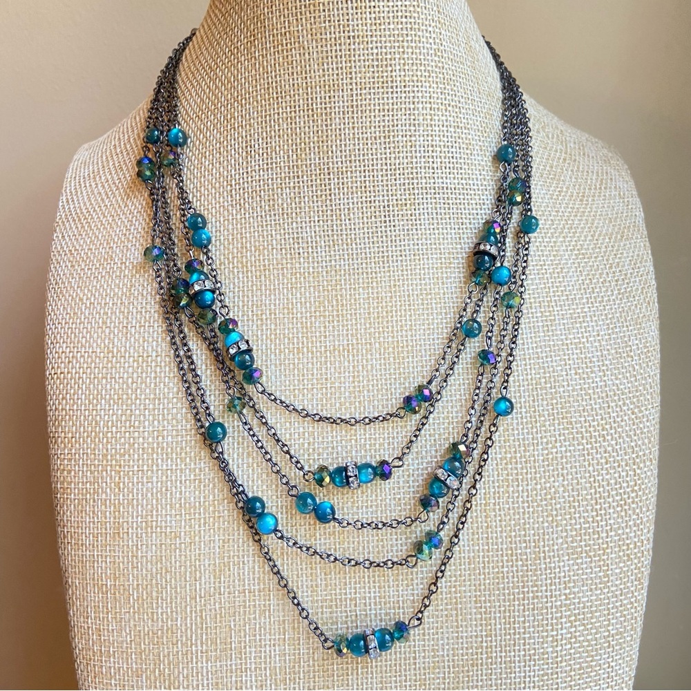 Coldwater Creek gunmetal five layer chain necklace with teal iridescent beads